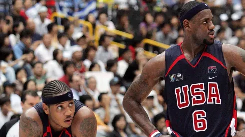 Carmelo Anthony #15 and LeBron James #6 of US wait for the free throw of Greece before the game ended during the FIBA World Championship 2006 Semi-Finals