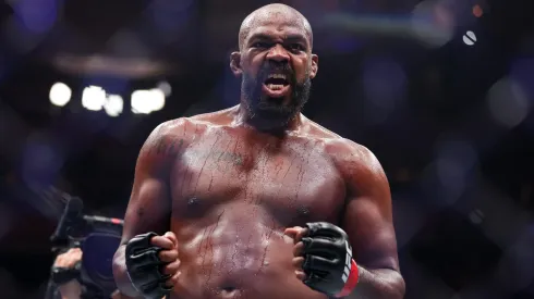Jon Jones of the United States of America reacts after his TKO victory against Stipe Miocic of the United States of America in the UFC heavyweight championship fight during the UFC 309 event at Madison Square Garden on November 16, 2024 in New York City.
