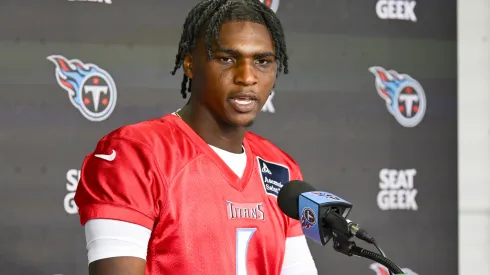 Cam Ward #1 of the Tennessee Titans speaks to the media during Tennessee Titans Rookie Minicamp at Ascension Saint Thomas Sports Park on May 10, 2025 in Nashville, Tennessee.