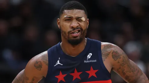 Marcus Smart #36 of the Washington Wizards reacts against the Milwaukee Bucks during the second half at Capital One Arena on February 21, 2025 in Washington, DC.