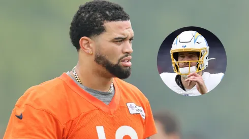 Caleb Williams #18 of the Chicago Bears talks with head coach Ben Johnson during Chicago Bears OTA Offseason Workout at Halas Hall on June 04, 2025 in Lake Forest, Illinois.