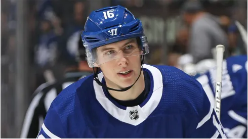 Mitchell Marner #16 of the Toronto Maple Leafs seems well pleased with his 4 point game against the Carolina Hurricanes in an NHL game at the Air Canada Centre on December 19, 2017 in Toronto, Ontario, Canada.