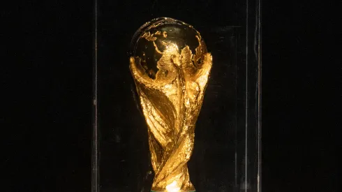 Detailed view of the 2026 World Cup trophy during the unveiling of the countdown clock 1 year ahead of the 2026 FIFA World Cup
