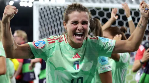 Cristiana Girelli of Italy celebrates victory and subsequent progression into the semi-finals after the UEFA Women's EURO 2025 Quarter-Final match between Norway and Italy at Stade de Geneve on July 16, 2025.