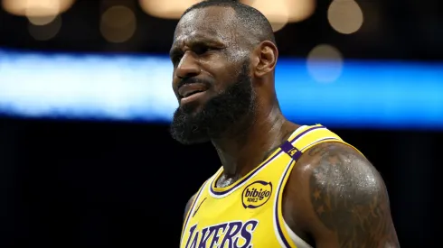 LeBron James #23 of the Los Angeles Lakers looks on during the second half of the game against the Charlotte Hornets.