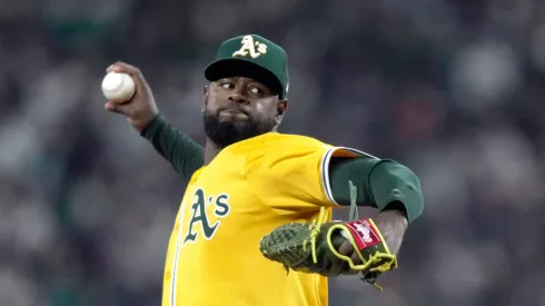 Luis Severino #40 of the Athletics pitches in the first inning against the Seattle Mariners on Opening Day at T-Mobile Park on March 27, 2025 in Seattle, Washington.