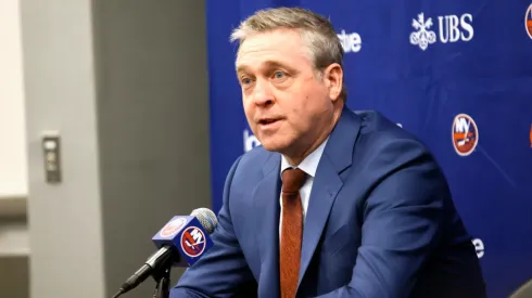 Head coach of the New York Islanders Patrick Roy talks with the media following the game against the Colorado Avalanche at UBS Arena on January 28, 2025 in Elmont, New York.