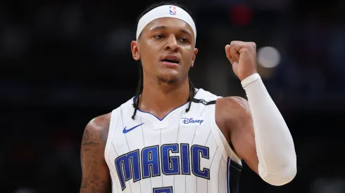 Paolo Banchero #5 of the Orlando Magic celebrates against the Washington Wizards during the second half at Capital One Arena on March 21, 2025 in Washington, DC.