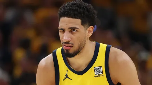 Tyrese Haliburton #0 of the Indiana Pacers reacts during the second quarter against the Oklahoma City Thunder in Game Six of the 2025 NBA Finals.