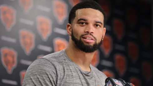 Caleb Williams of the Chicago Bears speaks to the media ahead of the start of Chicago Bears Training Camp at Halas Hall on July 22, 2025 in Lake Forest, Illinois.