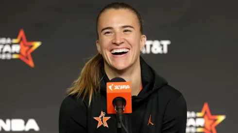 Sabrina Ionescu #20 of the New York Liberty speaks to the media following the 2025 AT&T WNBA All-Star Game at Gainbridge Fieldhouse on July 19, 2025.