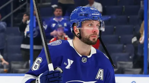 Nikita Kucherov #86 of the Tampa Bay Lightning reacts after his team was defeated by the Florida Panthers in Game Five of the First Round of the 2025 Stanley Cup Playoffs at Amalie Arena on April 30, 2025 in Tampa, Florida.