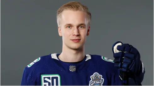 Elias Pettersson #40 of the Vancouver Canucks poses for a portrait ahead of the 2020 NHL All-Star Game at Enterprise Center on January 24, 2020 in St Louis, Missouri.