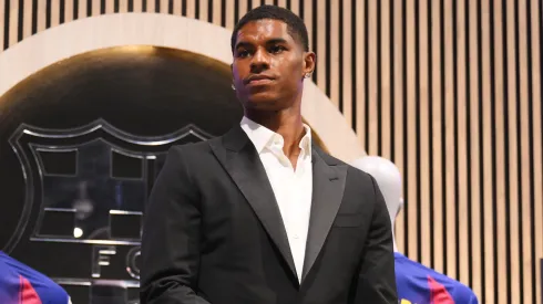 Marcus Rashford of FC Barcelona looks on during the Unveiling of New Signing, after the announcement of a season-long loan move from Manchester United to FC Barcelona, at Camp Nou on July 23, 2025.