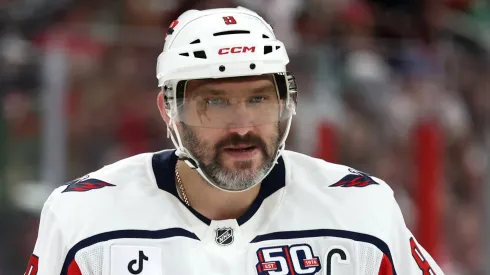 Alex Ovechkin #8 of the Washington Capitals looks on during the first period in Game Three of the Second Round of the 2025 Stanley Cup Playoffs against the Carolina Hurricanes.
