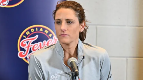 Head coach Stephanie White of the Indiana Fever speaks during a press conference after the game against the Atlanta Dream at State Farm Arena on May 22, 2025.