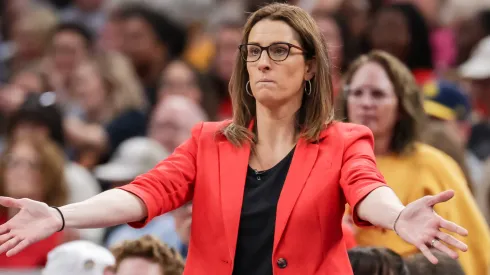 Head coach Stephanie White of the Indiana Fever reacts during the second half against the Dallas Wings at Gainbridge Fieldhouse on July 13, 2025.