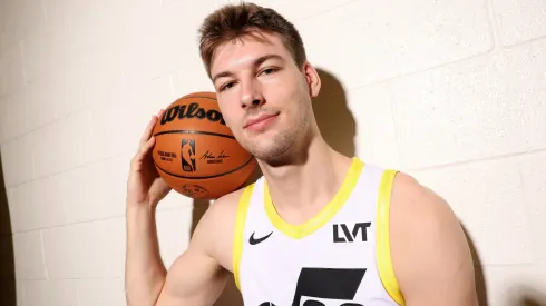 Kyle Filipowski #22 of the Utah Jazz poses for a portrait during the 2024 NBA Rookie Photo Shoot at UNLV on July 16, 2024.