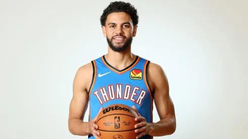 Ajay Mitchell #25 of the Oklahoma City Thunder poses for a portrait during the 2024 NBA Rookie Photo Shoot at UNLV on July 16, 2024.