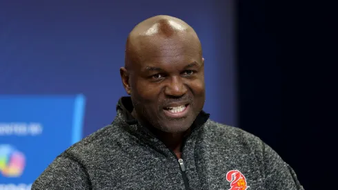 Head coach Todd Bowles of the Tampa Bay Buccaneers speaks to the media during the NFL Scouting Combine at the Indiana Convention Center on February 25, 2025 in Indianapolis, Indiana.