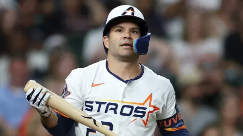 Jose Altuve #27 of the Houston Astros reacts after a strike out during the eighth inning against the Los Angeles Angels at Daikin Park on April 12, 2025 in Houston, Texas.
