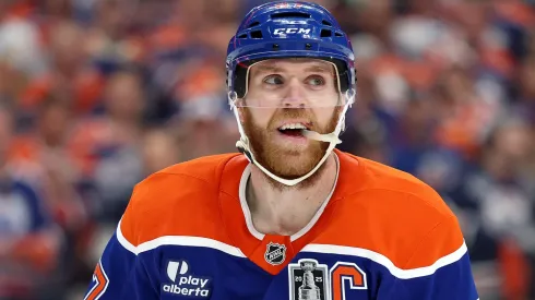 Connor McDavid #97 of the Edmonton Oilers looks on against the Florida Panthers during the third period in Game Two of the 2025 Stanley Cup Final at Rogers Place on June 06, 2025 in Edmonton, Alberta.