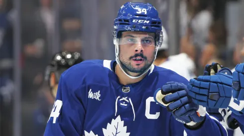 Auston Matthews #34 of the Toronto Maple Leafs celebrates a goal against the Tampa Bay Lightning during the first period in an NHL game at Scotiabank Arena on January 20, 2025 in Toronto, Ontario, Canada.