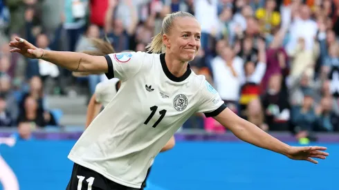 Lea Schueller of Germany celebrates scoring her team's second goal during the UEFA Women's EURO 2025 Group C match between Germany and Denmark at St. Jakob-Park on July 08, 2025.
