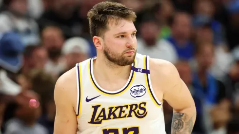 Luka Doncic #77 of the Los Angeles Lakers reacts to his three-point basket against the Minnesota Timberwolves.