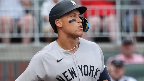 Aaron Judge #99 of the New York Yankees strikes out in the first inning against the Atlanta Braves at Truist Park on July 19, 2025 in Atlanta, Georgia.