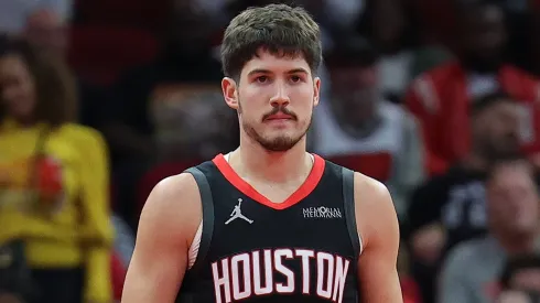 Reed Sheppard #15 of the Houston Rockets looks on against the Portland Trail Blazers during the second half in the NBA Emirates Cup at Toyota Center on November 22, 2024.