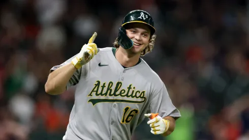 Nick Kurtz #16 of the Athletics reacts after hitting his fourth home run of the game in the ninth inning against the Houston Astros at Daikin Park on July 25, 2025 in Houston, Texas.