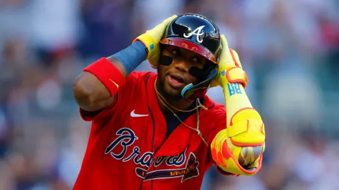 Ronald Acuna Jr. #13 of the Atlanta Braves reacts after hitting a lead off home run during the first inning against the San Diego Padres at Truist Park on May 23, 2025 in Atlanta, Georgia.