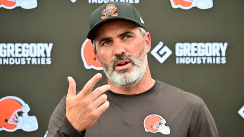 Head coach Kevin Stefanski of the Cleveland Browns talks to reporters during training camp at CrossCountry Mortgage Campus on July 25, 2025 in Berea, Ohio.