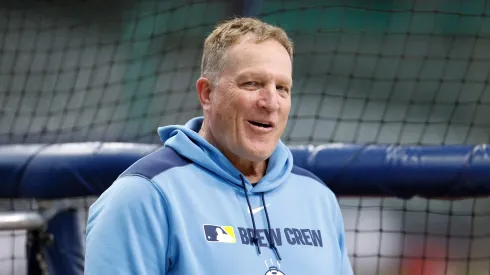Manager Pat Murphy #49 of the Milwaukee Brewers before the game against the St. Louis Cardinals at American Family Field on June 13, 2025 in Milwaukee, Wisconsin.