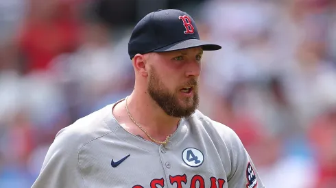 Garrett Crochet #35 of the Boston Red Sox reacts after striking out Ronald Acuña Jr. #13 of the Atlanta Braves to end the seventh inning at Truist Park on June 01, 2025 in Atlanta, Georgia.