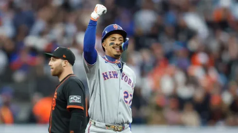 Mark Vientos #27 of the New York Mets reacts after hitting a two-run double.
