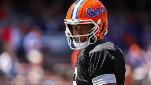 DJ Lagway #2 of the Florida Gators warms up before the start of the Florida Orange & Blue Spring Game at Ben Hill Griffin Stadium on April 12, 2025 in Gainesville, Florida.