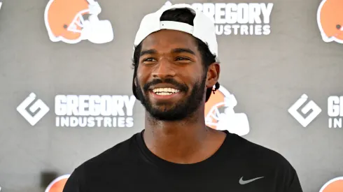 Quarterback Shedeur Sanders #12 of the Cleveland Browns talks to reporters during training camp at CrossCountry Mortgage Campus on July 25, 2025 in Berea, Ohio.
