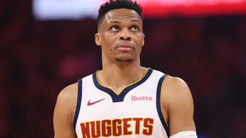 Russell Westbrook #4 of the Denver Nuggets looks on during the first half of Round Two Game One of the 2025 NBA Playoffs.