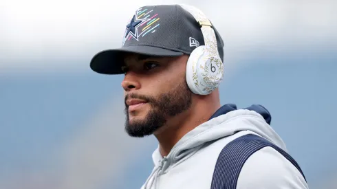 Dak Prescott #4 of the Dallas Cowboys warms up before their game against the New England Patriots at Gillette Stadium on October 17, 2021 in Foxborough, Massachusetts.