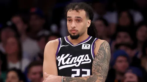 Devin Carter #22 of the Sacramento Kings reacts during the second half against the New York Knicks at Madison Square Garden on January 25, 2025 in New York City.
