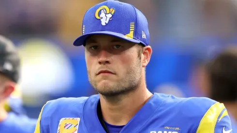 Quarterback Matthew Stafford #9 of the Los Angeles Rams looks on after the game against the Arizona Cardinals at SoFi Stadium on October 03, 2021 in Inglewood, California.