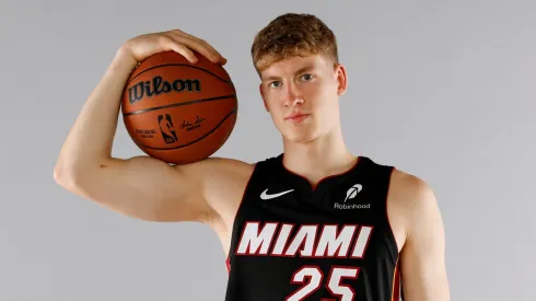 Kasparas Jakucionis #25 of the Miami Heat poses for a portrait during the 2025 NBA Rookie Photo Shoot at UNLV on July 15, 2025.