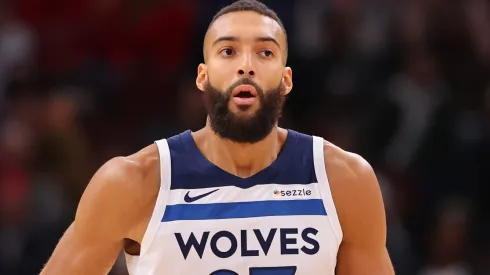 Rudy Gobert #27 of the Minnesota Timberwolves looks on against the Chicago Bulls.
