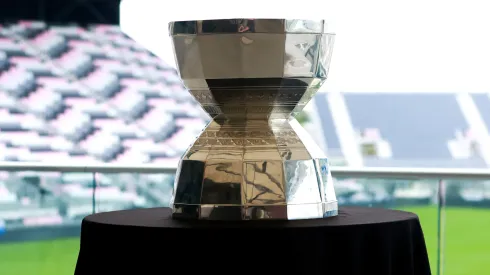 A detailed view of the Leagues Cup trophy is seen after an Inter Miami training session at Florida Blue Training Center on August 21, 2023.