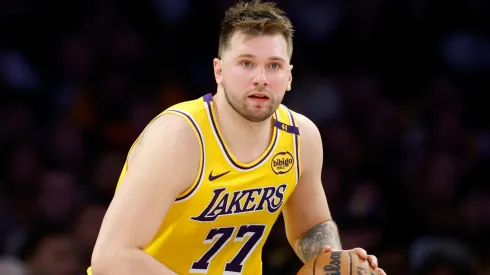 Luka Doncic #77 of the Los Angeles Lakers dribbles during a 103-96 loss to the Minnesota Timberwolves in Game Five of the Western Conference First Round NBA Playoffs at Crypto.com Arena on April 30, 2025.