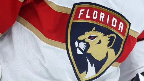 A detail of the Florida Panthers logo during the third period against the Boston Bruins at TD Garden on October 30, 2023 in Boston, Massachusetts.