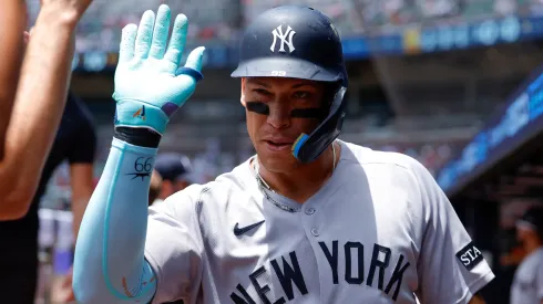 Aaron Judge #99 of the New York Yankees reacts after hitting a solo home run during the first inning against the Atlanta Braves at Truist Park on July 20, 2025 in Atlanta, Georgia.
