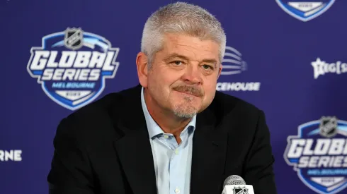 Head coach Todd McLellan of the Los Angeles Kings speaks during a press conference following the NHL Global Series match between Arizona Coyotes and Los Angeles Kings at Rod Laver Arena on September 24, 2023 in Melbourne, Australia.